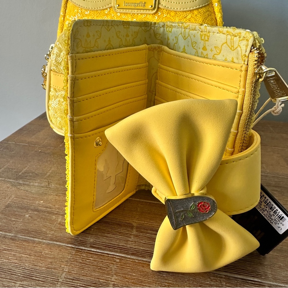 Sold-Loungefly Disney Belle Sequin Mini Backpack Beauty and the Beast Wallet NWT - Picture 10 of 11